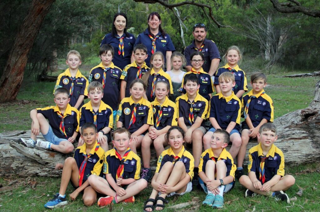Heany Park Cubs and their leaders gathered on a fallen tree